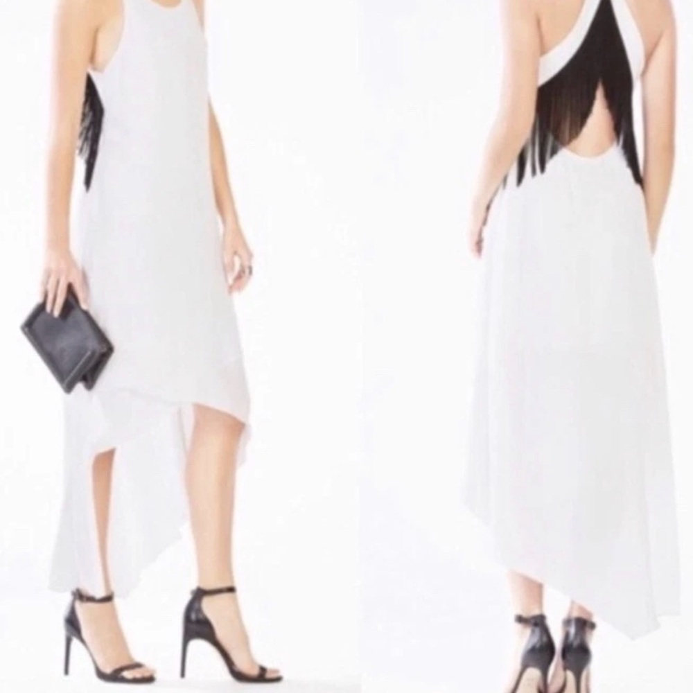 BCBG Maxazria ‘Vickie’ White High Low Dress with Black Fringe
(B5)